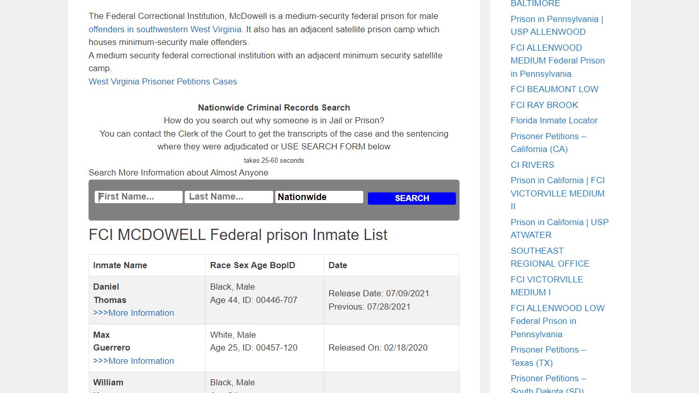 FCI MCDOWELL Federal prison – Inmate Releases